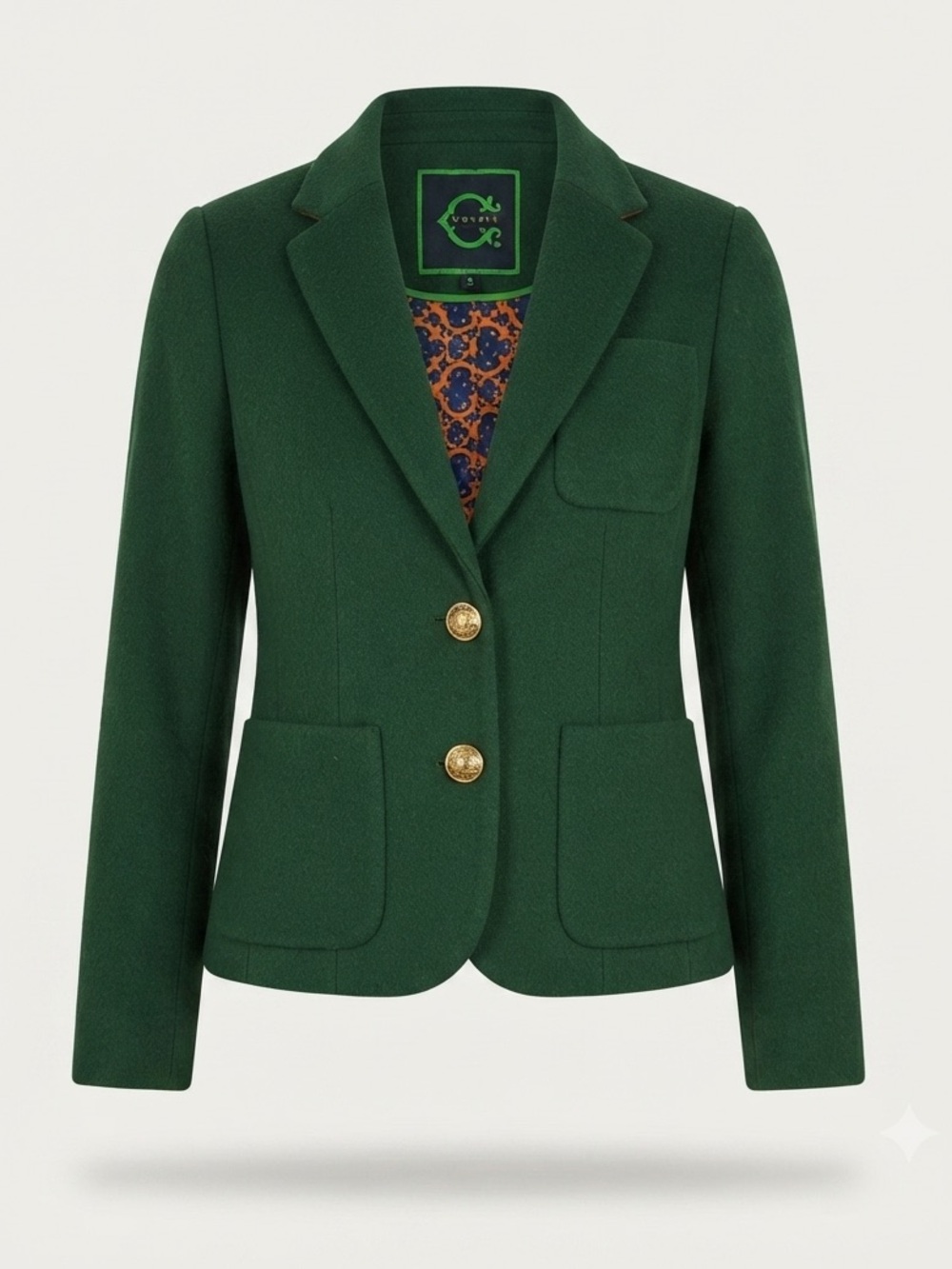 C. Wonder Green 100% Wool Blazer Jacket Gold Crest Buttons Elbow Patch Academia